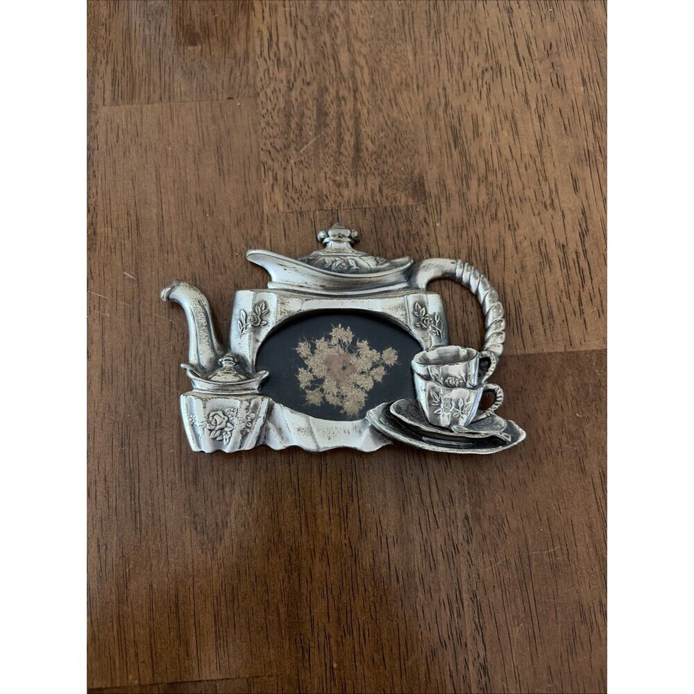 Linco Pewter Antique Picture Frame Teapot Tea Cup & Saucer